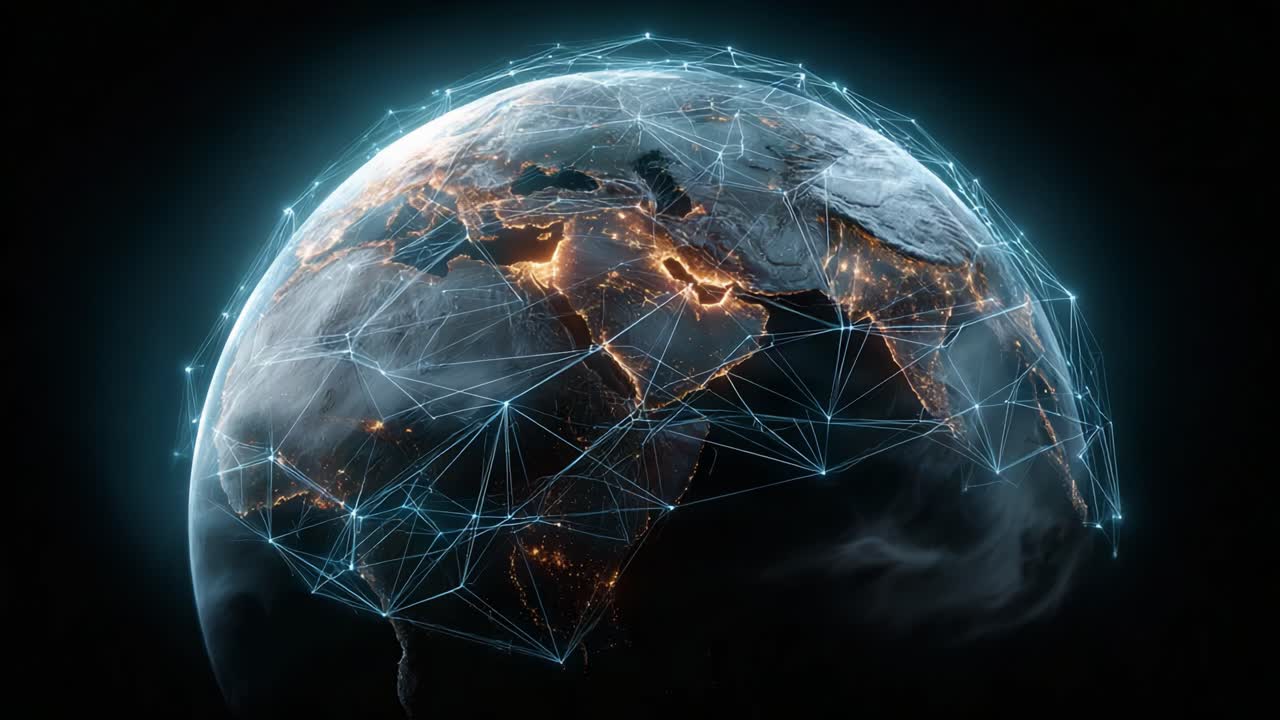 A Stunning Visualization of Earth Highlighting Global Connectivity Through Networked Data Representations and Geographic Illumination from the Night Sky