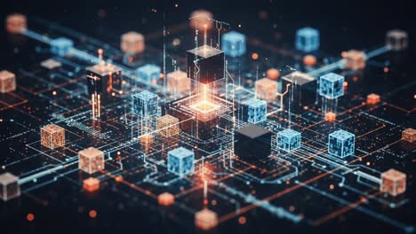 a futuristic digital network featuring illuminated cubes and complex circuitry, highlighting interconnectedness and technology’s role in innovation