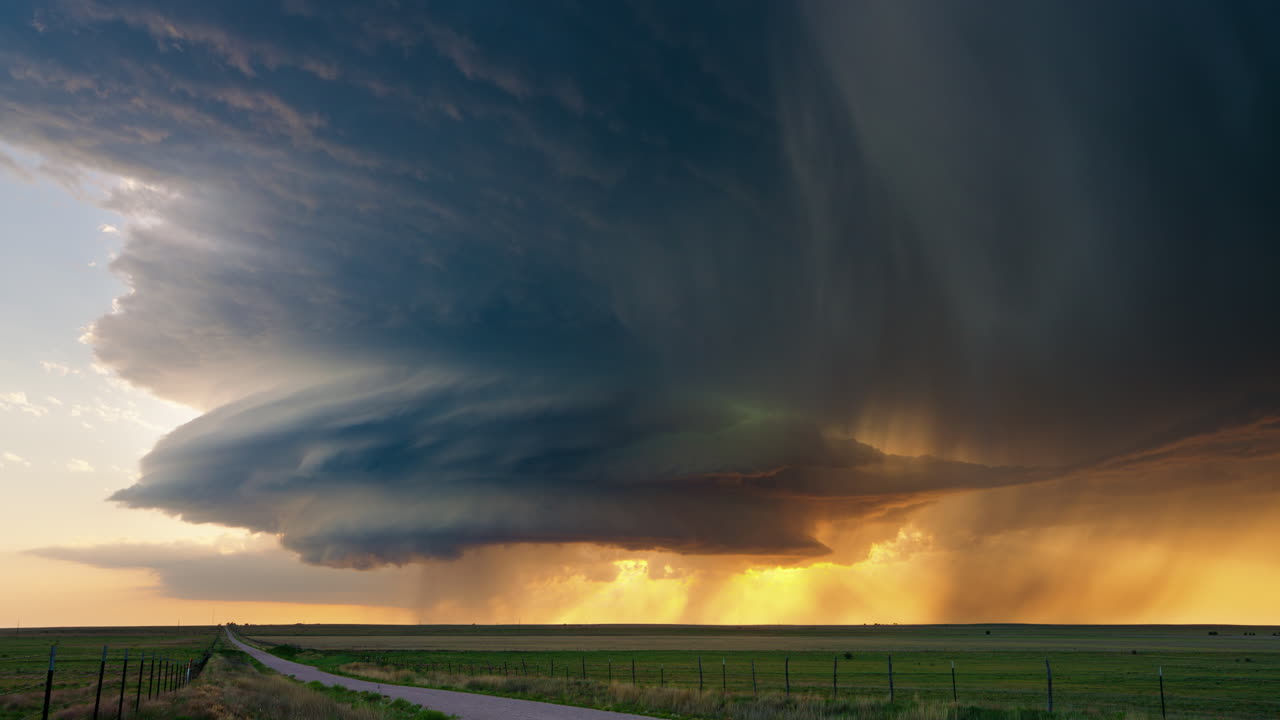 Dramatic Supercell Thunderstorm with Rain and Sunset Glow Over a Rural Landscape