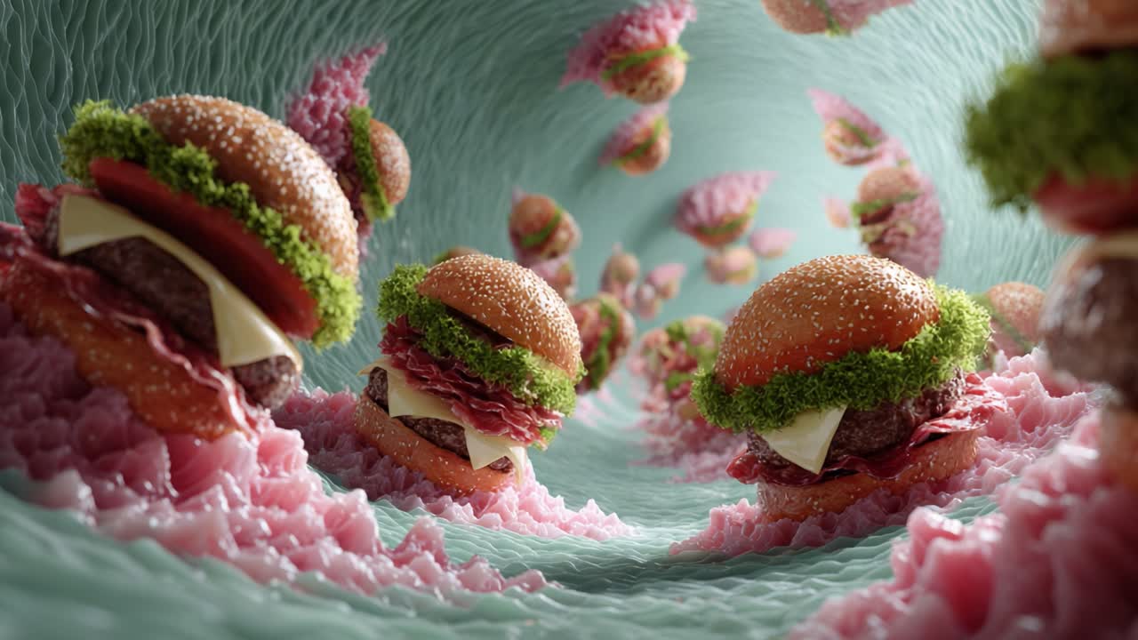 A Surreal Exploration of a Delicious World Filled with Exquisite Burgers Traversing a Vibrant, Wavy Landscape in a Captivating Visual Journey