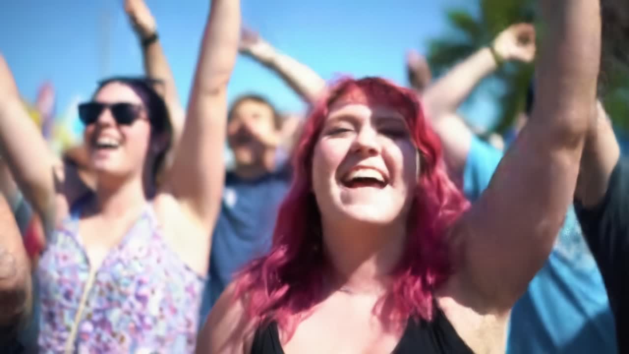 People Celebrate at a Vibrant Outdoor Festival With Music and Joy Under a Clear Blue Sky