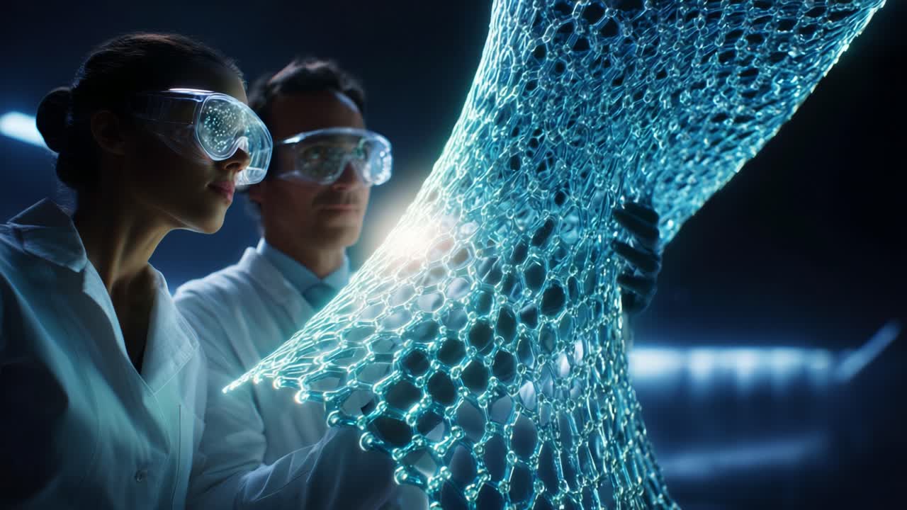 Innovative Scientists Examining Advanced Nanomaterial Structure Under Laboratory Conditions with High-Tech Equipment for Research and Development Purposes