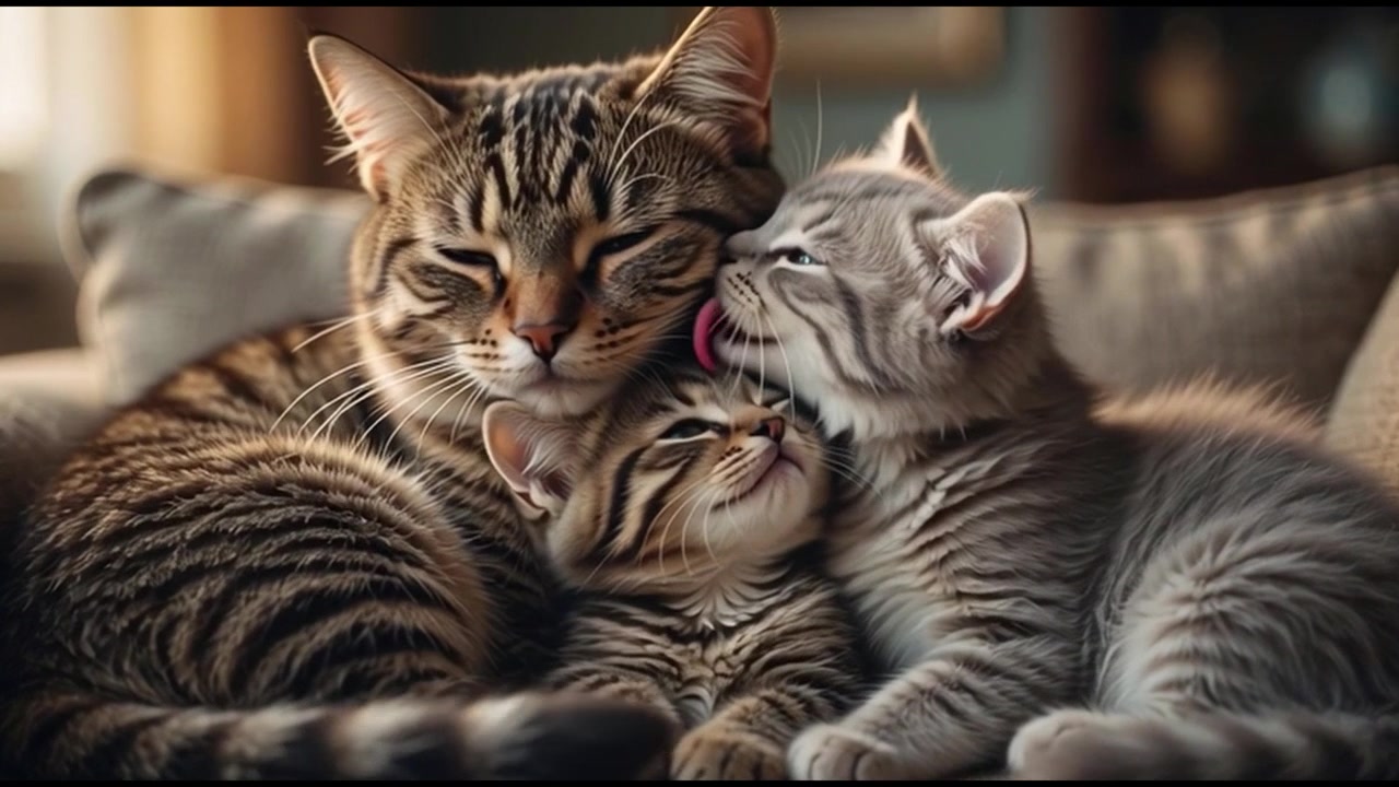 Tre teneri gatti che si coccolano su un divano