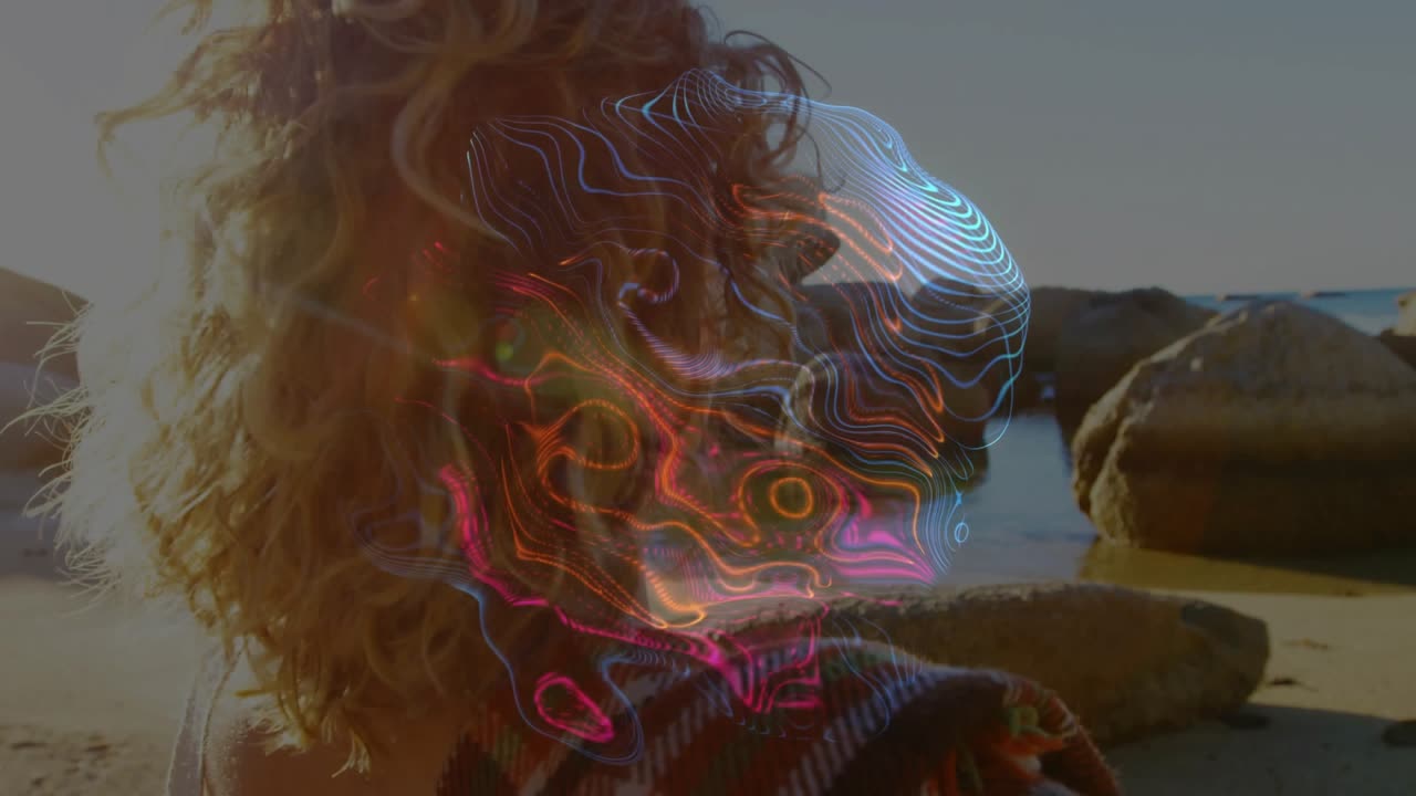 Woman turning head and gazing sea on rocky shore, neon contour appearing and layering face, tech