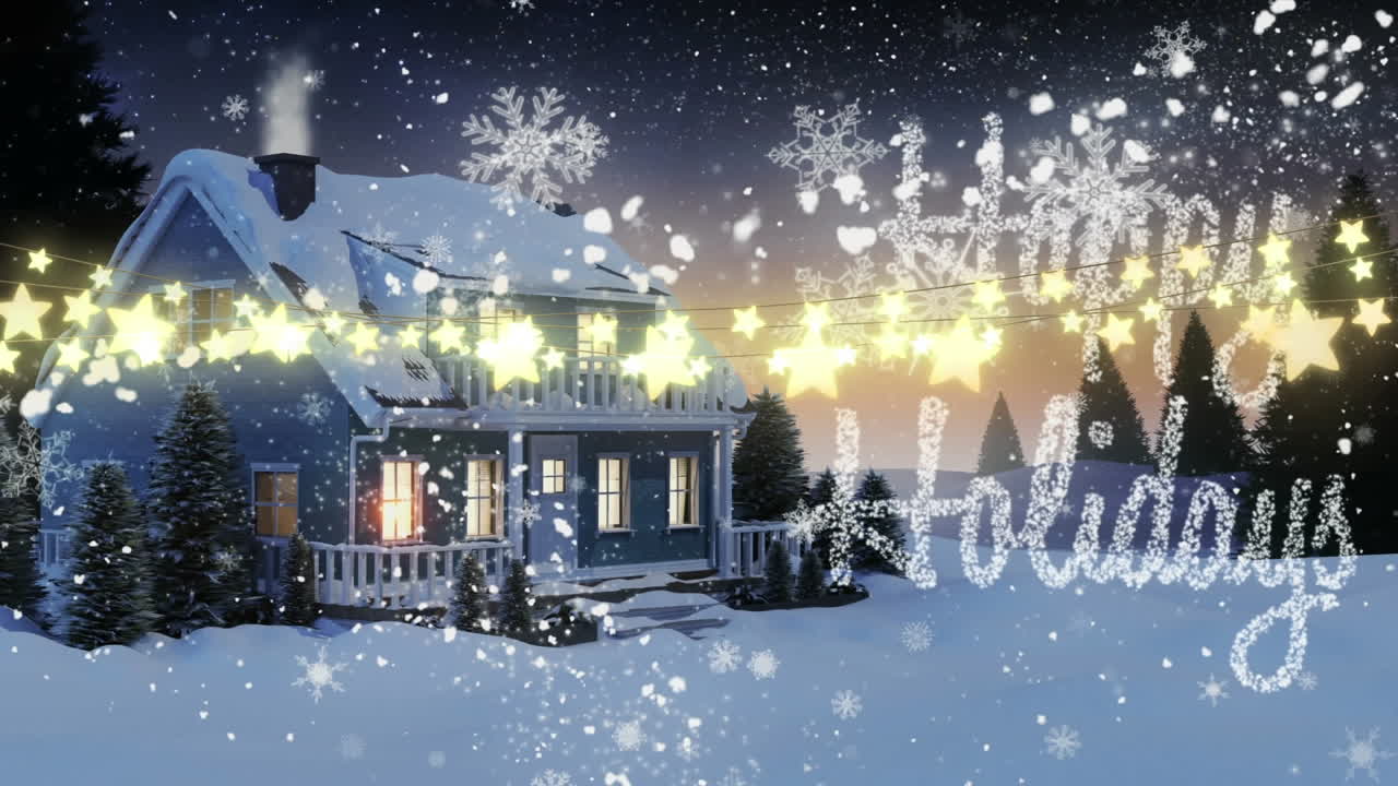 별 모양의 요정 불빛 장식은 겨울 풍경의 집 위에 행복한 휴일 텍스트를 반대합니다.