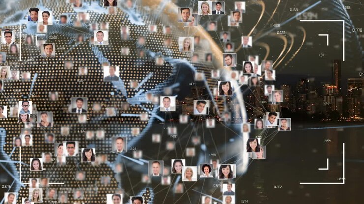 Animazione di immagini del profilo attorno al globo con numeri su sfondo astratto