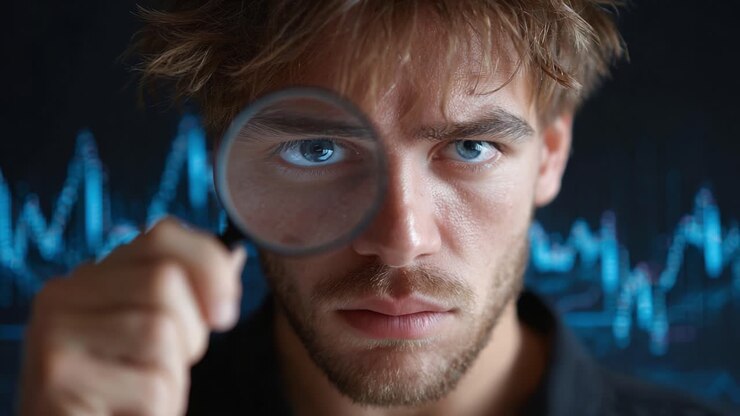 Intense Focus: A Young Man Examines Data Through a Magnifying Glass, Symbolizing Analysis and Scrutiny in a Dynamic Digital World