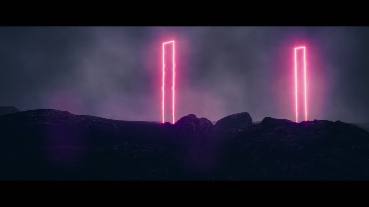 Rocky landscape with huge pink light portal structures