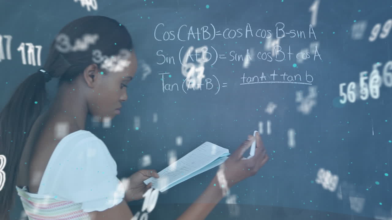 Animation of floating numbers over a girl writing on a blackboard