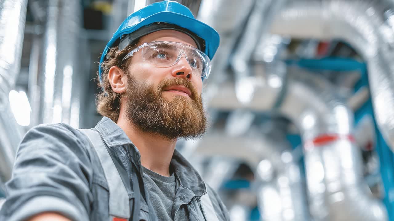 Focused Worker in Industrial Setting: A Man with a Beard Wearing Safety Gear and Helmet Looks Upward, Surrounded by Pipes and Machinery in a Manufacturing Site