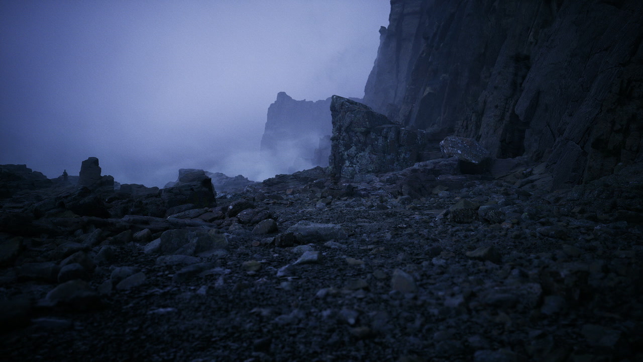 Quiet shoreline under twilight with fog and reflective stones
