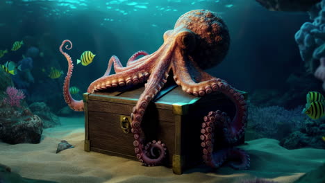 un pulpo se encuentra sobre un cofre del tesoro bajo las profundidades submarinas del océano