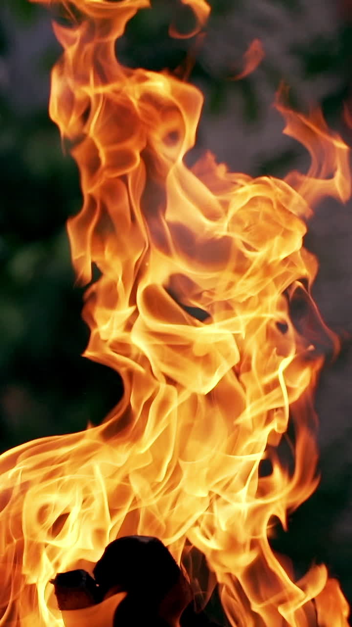 Bright flame of burning firewood outdoors. Natural texture of bright fire on blur building background in the evening. Vertical video