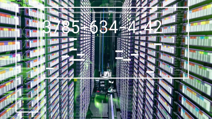 Animation of interface with data processing against computer server room