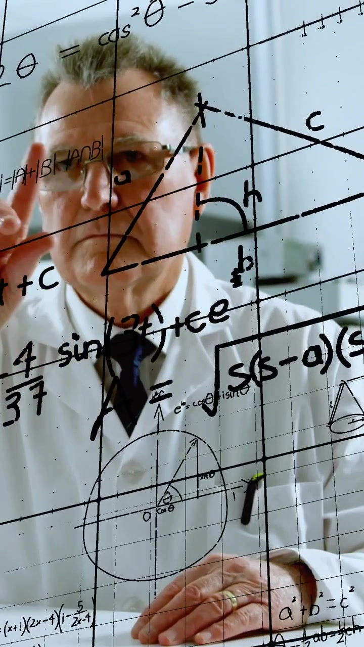 Vertical video: Raising hand, senior scientist in lab solving math on grid, lab coat marker in hand