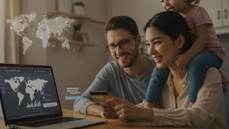 A Family Engaged in Online Transactions: A Young Couple with a Child Explore Digital Finance and Global Money Transfers with an Interactive Map and Charts