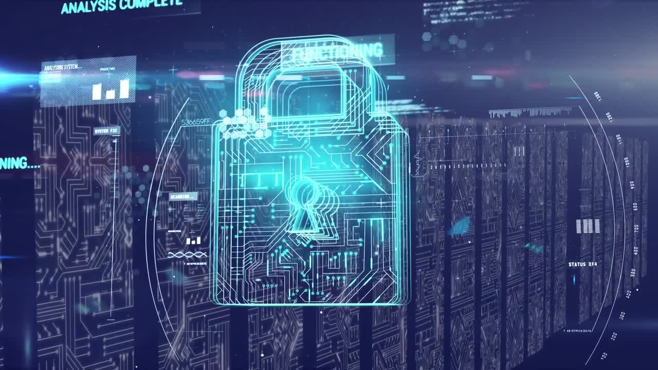 Animation of online security padlock and data processing over computer circuit board
