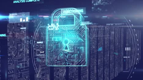 animation of online security padlock and data processing over computer circuit board