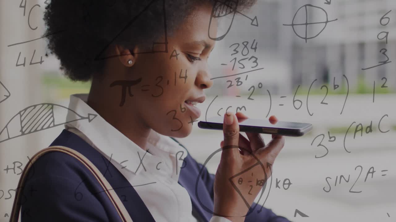 Animation of mathematical equations and business data over african american woman using smartphone