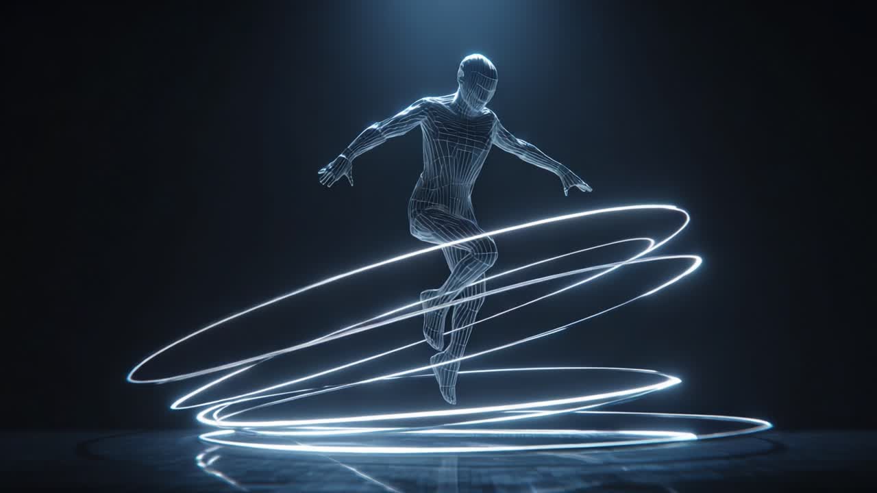 A Dynamic Digital Figure Twirls Gracefully Above a Brightly Lit Surface, Encircled by Luminous Rings of Light, Showcasing Fluid Motion and Contemporary Artistry in 3D Animation