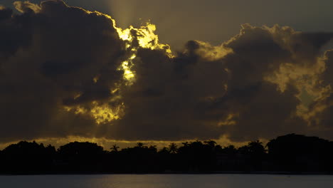 dramatic sunrise behind dark clouds with silhouetted trees in south florida, u