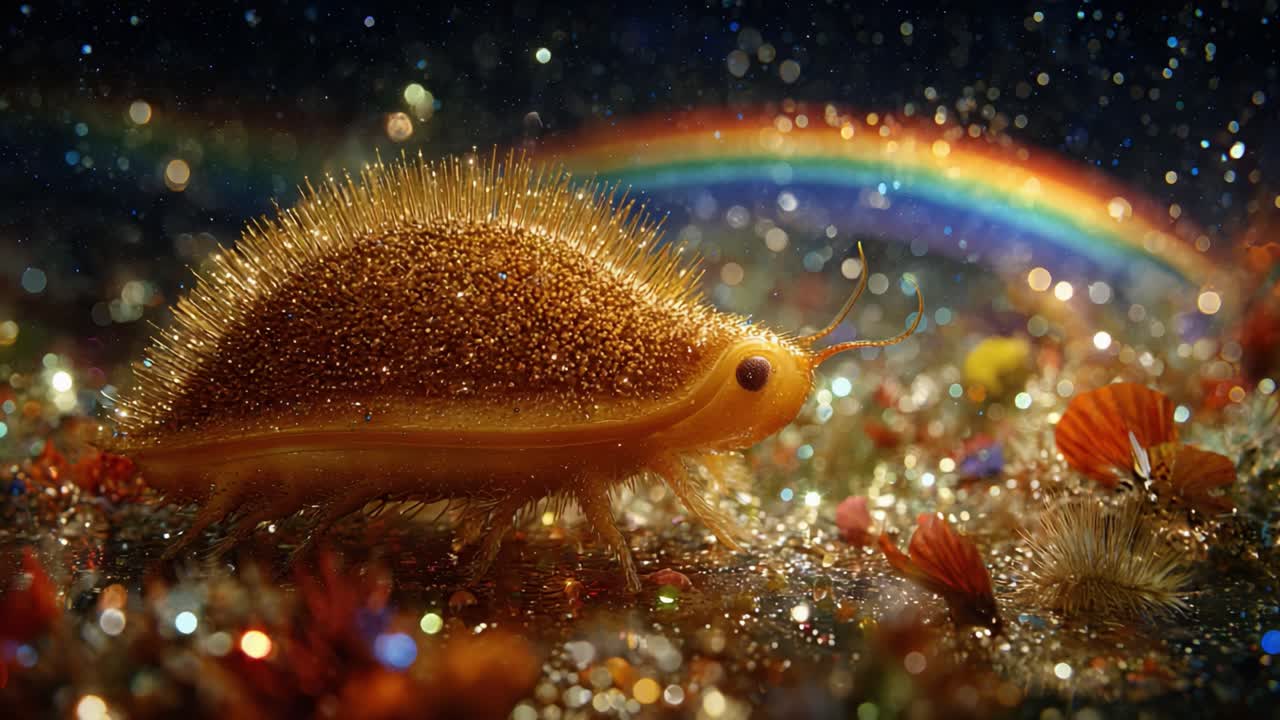 A Splendid Enchanted Creature Emerges from a Sparkling Haven under a Rainbow, Capturing the Wonders of Fantasy and Nature in Glittering Harmony