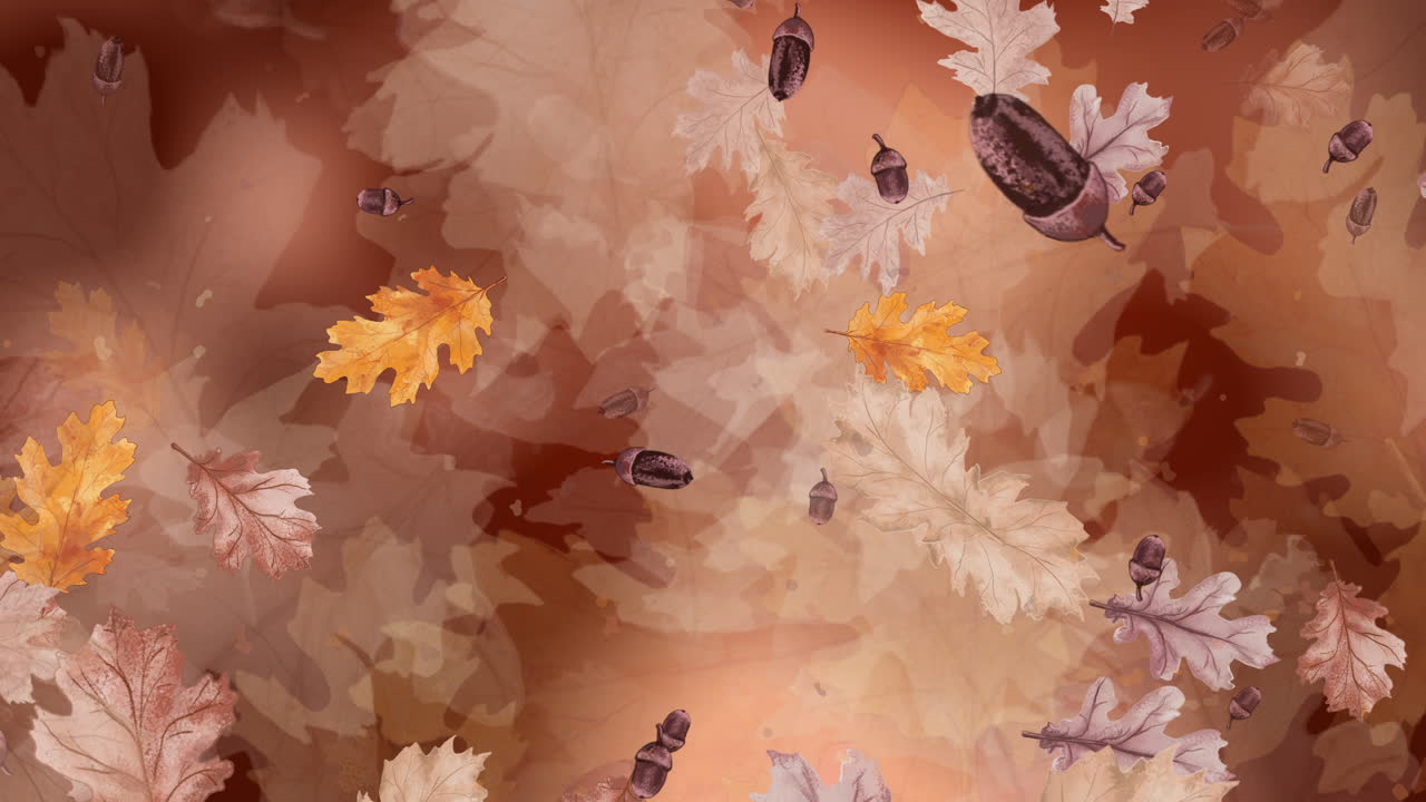 Abstract art autumn background botanic fall hand drawn pattern design with oak leaves. Looped animation.