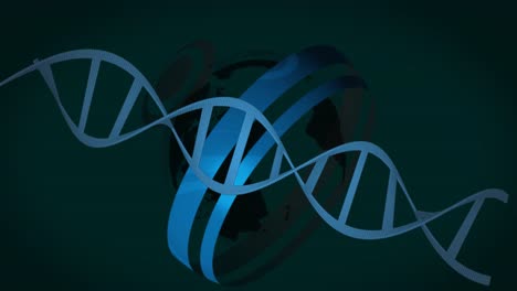 Animation-of-spinning-dna-structure-and-globe-against-green-background