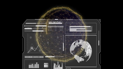 animation of screen and data processing over globe on black background