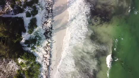 Tropical-scene-of-white-sandy-beach-and-calm-sea-waves,-sunny-day