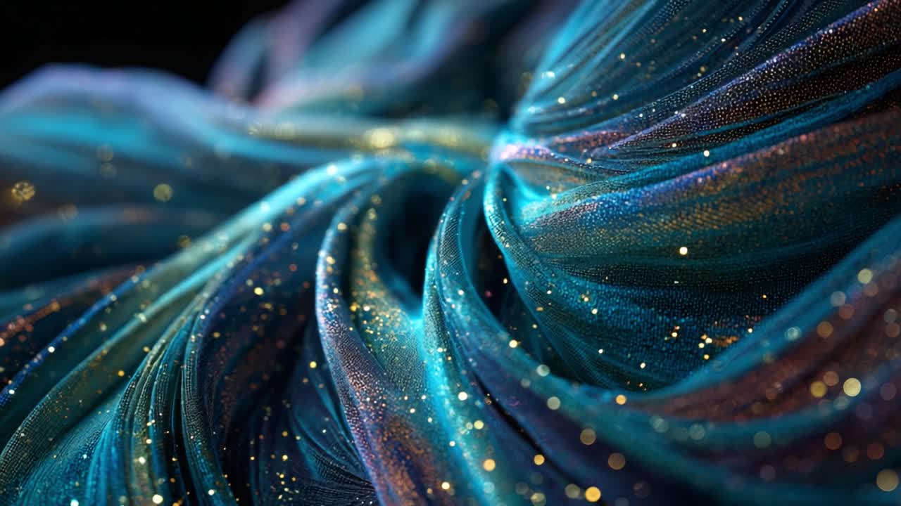A Stunning Close-Up of Shimmering Fabric: Capturing the Intricate Details of Waves and Textures with Glittering Elements in a Rich Blue and Green Color Palette