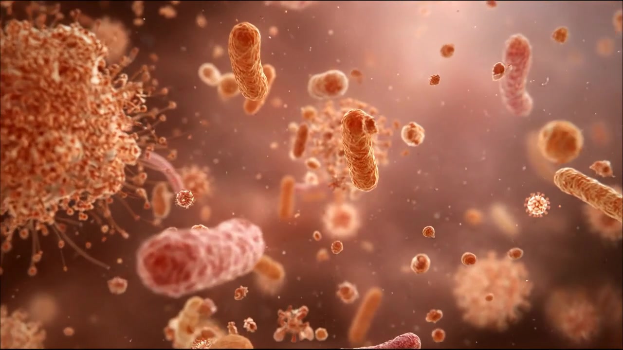 Microscopic View of Bacteria and Viruses Floating in Fluid