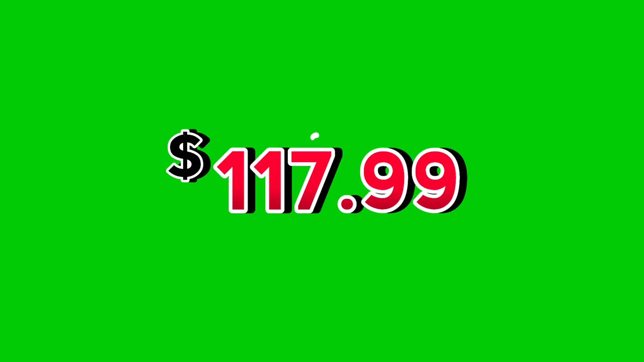 Animation red $117.99 dollars price tag motion graphics with smoke effects on green screen background. Perfect for ads, e-commerce, retail, discounts, and promo videos business concept video element