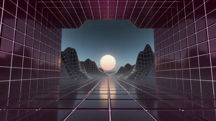 La telecamera avanza verso l'apertura di un tunnel in direzione di una sfera luminosa nel corridoio per rivelare un pavimento riflettente