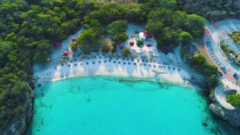 High-angle-bird's-eye-view-static-of-Grote-Knip-or-Playa-Kenapa-Curacao-beach-at-sunrise