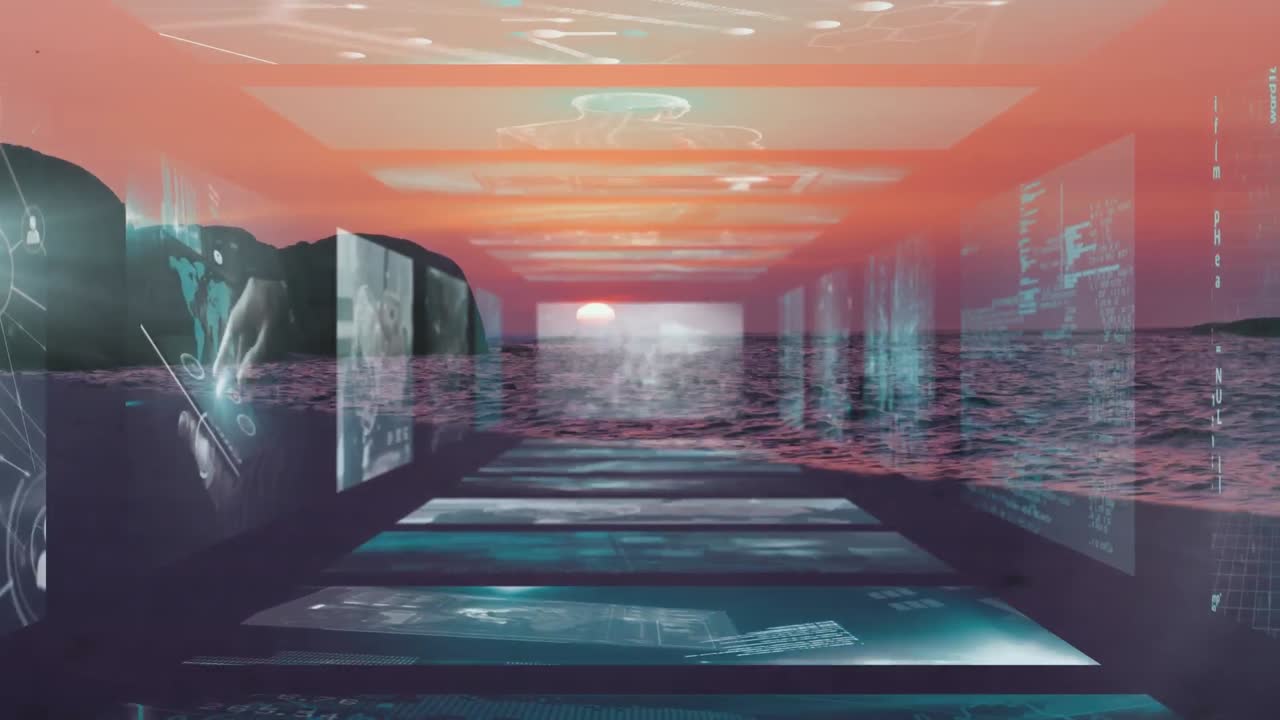 해가 지는 해변과 바다에서 데이터 처리와 함께 디지털 인터페이스의 애니메이션