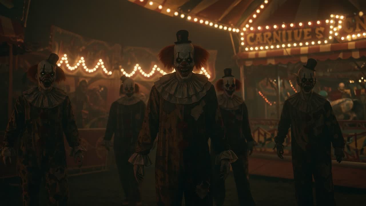A Terrifying Encounter with Sinister Clowns at a Haunted Carnival, Engulfed in Shadows and Eerie Lights, Sends Chills Down Your Spine as They Approach