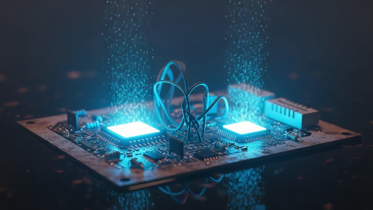 A Stunning Visualization of a Circuit Board with Illuminated Microchips, Showcasing Electronics in a Mystical Environment Filled with Glowing Particles and Water Vapor