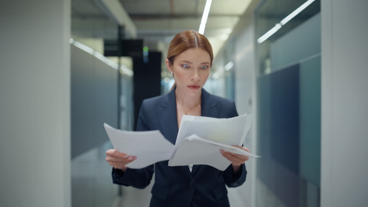 Focused manager flipping papers walking office. Angry woman throwing documents