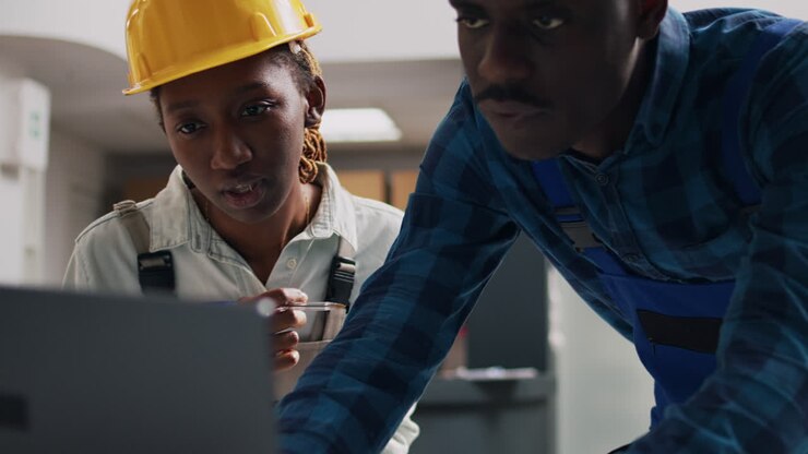 Warehouse Workers Discussing Inventory with Laptop and Clipboard