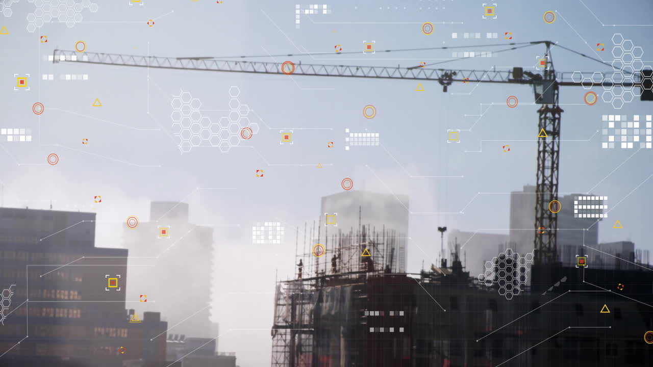 Construction site with crane and scaffolding over data processing animation