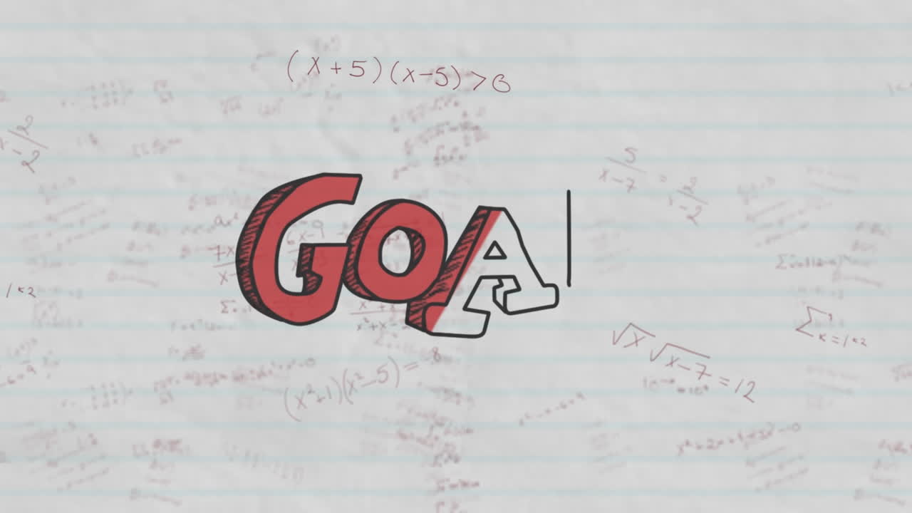 Animation of goal text banner over mathematical equations against white lined paper background