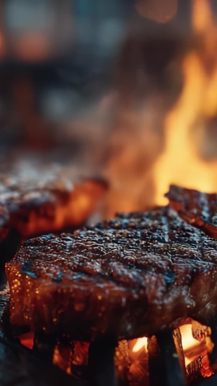 Bistecche sfrigolanti che cuociono su fiamme libere: uno spettacolo che fa venire l'acquolina in bocca di perfezione alla griglia con tagli succosi e fascino carbonizzato, catturando l'essenza del sapore del barbecue all'aperto.