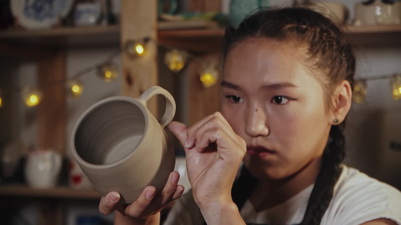 젊은 여인 도자기는 그것을 완벽하게 만든다. - 점토 컵.