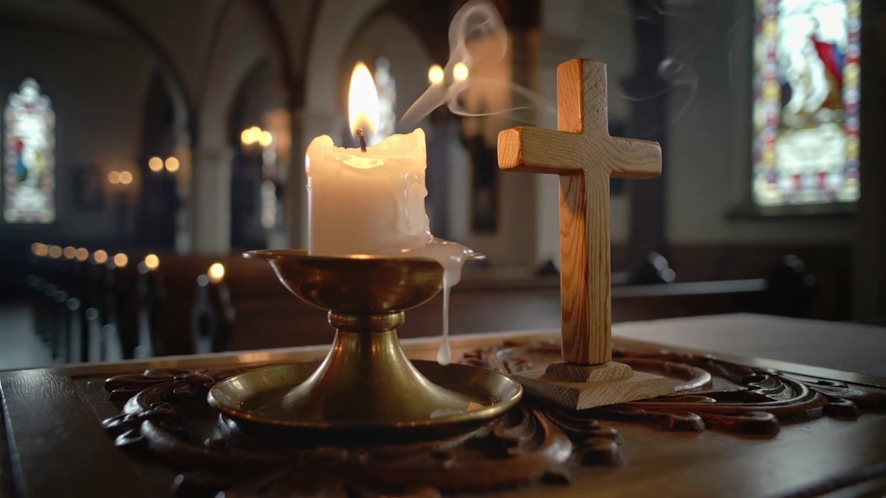Hořící svíčka v mosazném svícnu s blikajícím plamenem, stékajícím roztaveným voskem a stoupajícím kouřem vedle kříže.