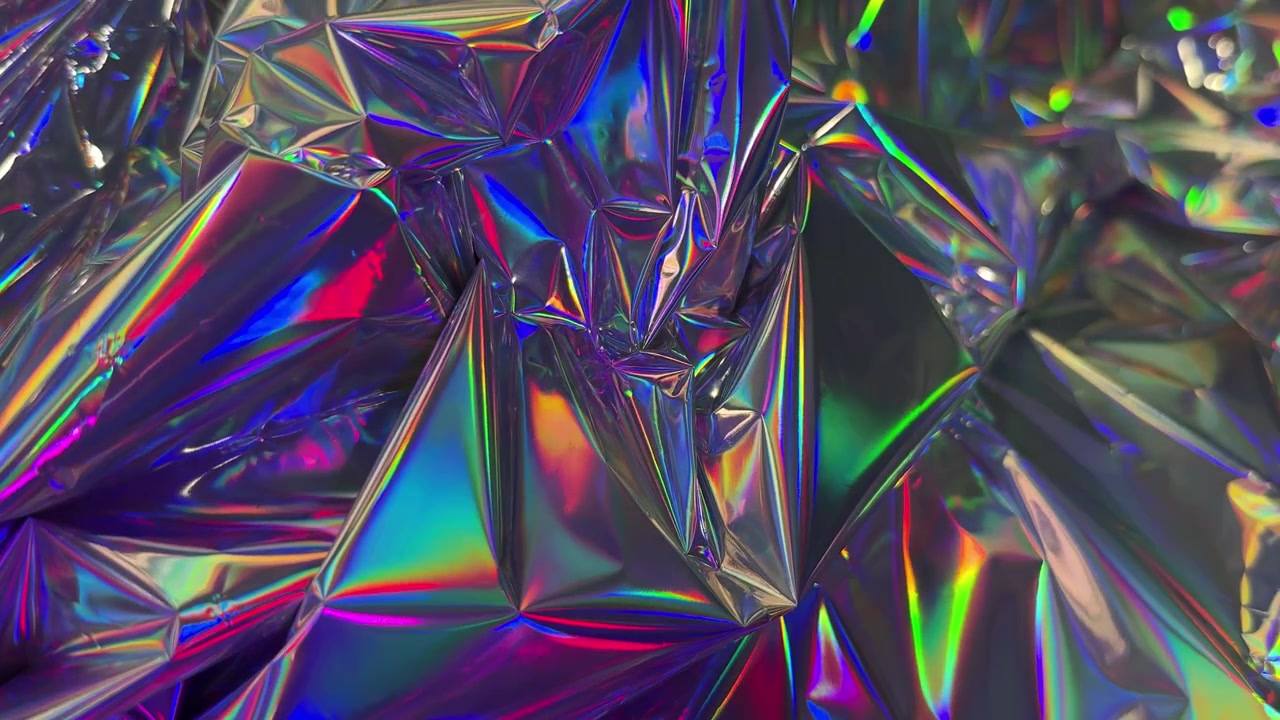 Sfondo astratto di lamina iridescente stropicciata che riflette colori vivaci
