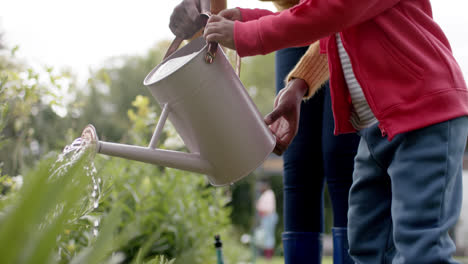 happy african american son and mother watering plants in sunny garden, slow motion