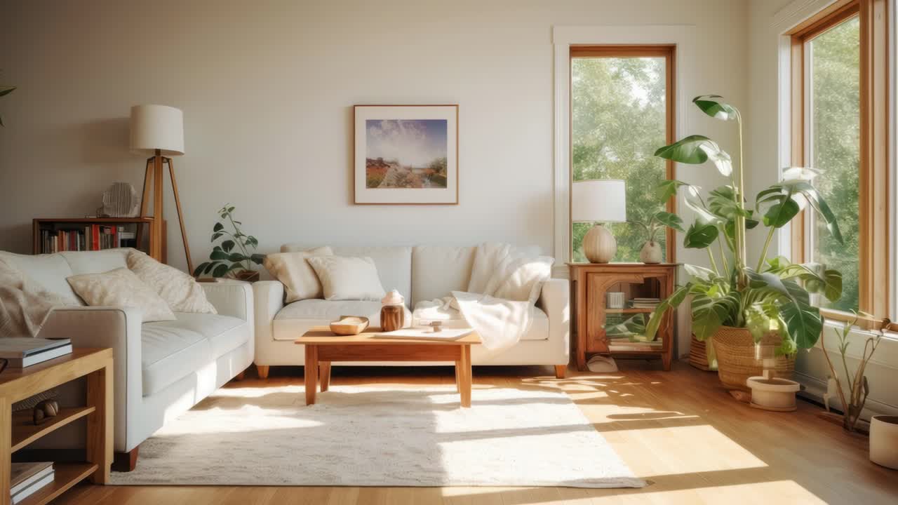 Bright, cozy living room with natural light, captured from a wide-angle perspective