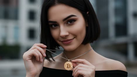 confident young woman showcasing a bitcoin pendant, exuding elegance and modernity in a chic urban setting