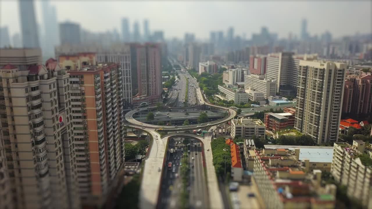 sunny day famous guangzhou city traffic road junction aerial panorama tilt-shift 4k china